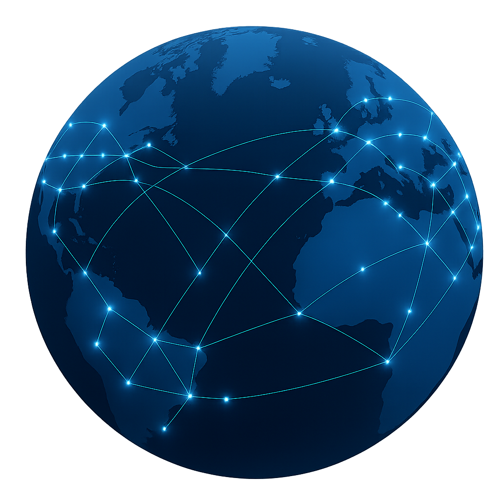 Global network intelligence visualization showing Wyn's worldwide expansion capabilities
